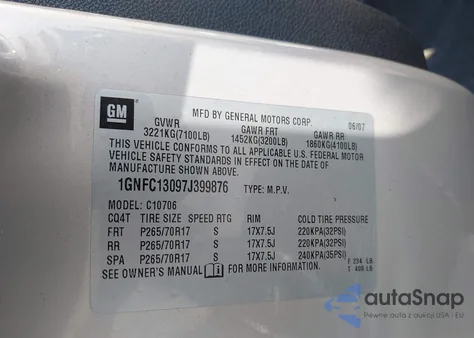 2007 Chevrolet Tahoe Lt z USA, uszkodzony, nr VIN 1GNFC13097J399876